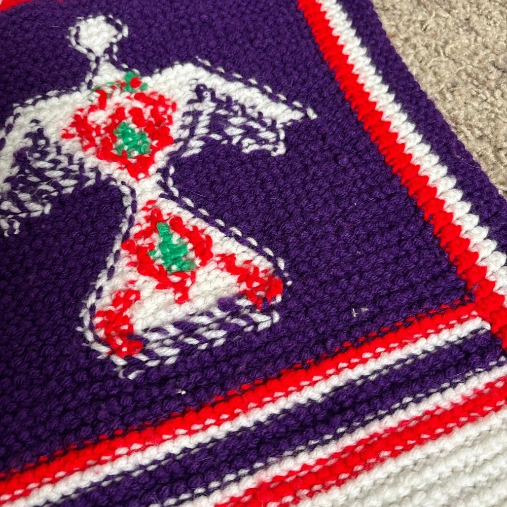 VTG Handmade Chief Crochet Afghan Throw Blanket Purple Thunderbird Star Fringe